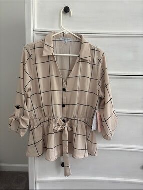 Sweet Rain Beige Windowpane Tie-Waist Button-Down Blouse NWT